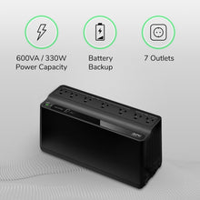 Load image into Gallery viewer, APC UPS Battery Backup and Surge Protector, 600VA Backup Battery Power Supply, BE600M1 Back-UPS with USB Charger Port
