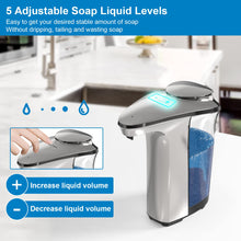 Load image into Gallery viewer, PZOTRUF Automatic Soap Dispenser,Touchless Dish Soap Dispenser 17oz/500ml with Upgraded Infrared Sensor, 5 Adjustable Soap Dispensing Levels, Liquid Hand Soap Dispenser for Bathroom (Silver Set)