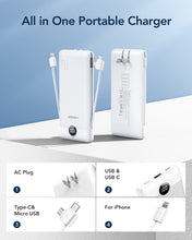 Load image into Gallery viewer, VEGER Portable Charger for iPhone Built in Cables and Wall Plug, 10000mah Slim Fast Charging USB C Power Bank, Travel Essential Battery Pack Compatible with iPhone, iPad, Samsung More Devices(White)