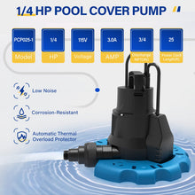 Load image into Gallery viewer, Acquaer 1/4 HP Automatic Swimming Pool Cover Pump, 115 V Submersible with 3/4” Check Valve Adapter & 25ft Power Cord, 2250 GPH Water Removal for Pool, Hot Tubs, Rooftops, Water Beds and more