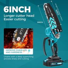 Load image into Gallery viewer, Saker Mini Chainsaw,6 Inch Portable Electric Chainsaw Cordless, Small Handheld Chain saw for Tree Branches,Courtyard, Household and Garden,By 2PCS 20V 1500mAh Batteries,Extra 3 PCS Chain