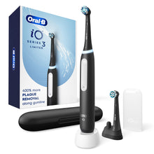 Load image into Gallery viewer, Oral-B iO Series 3 Limited Rechargeable Electric Powered Toothbrush, Black with 2 Brush Heads and Travel Case - Visible Pressure Sensor to Protect Gums - 3 Modes - 2 Minute Timer