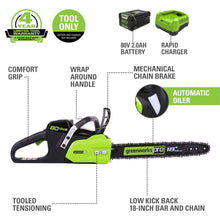 Load image into Gallery viewer, Greenworks 80V 18" Brushless Cordless Chainsaw (Great For Tree Felling, Limbing, Pruning, and Firewood) / 75+ Compatible Tools), 2.0Ah Battery and Rapid Charger Included