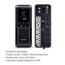 Load image into Gallery viewer, CyberPower CP1500AVRLCD3 Intelligent LCD UPS System, 1500VA/900W, 12 Outlets, 2 USB Ports, AVR, Mini Tower, Black