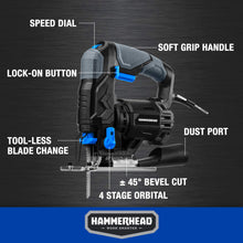 Load image into Gallery viewer, Hammerhead 4.8-Amp 3/4 Inch Jig Saw with 2pcs Wood Cutting Blades, Variable Speed and Orbital Function - HAJS048