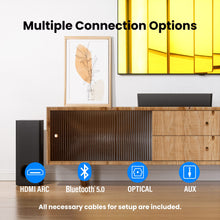 Load image into Gallery viewer, PHEANOO 2.1 Compact Sound Bars for TV with Subwoofer, HDMI ARC/Bluetooth 5.0/Optical/AUX/RCA Connection, Remote Control, Adjustable Bass, Wall Mountable – P15, 140W, 16 inch