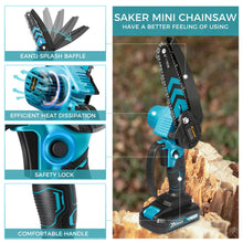 Load image into Gallery viewer, Saker Mini Chainsaw,6 Inch Portable Electric Chainsaw Cordless, Small Handheld Chain saw for Tree Branches,Courtyard, Household and Garden,By 2PCS 20V 1500mAh Batteries,Extra 3 PCS Chain
