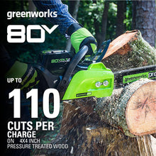 Load image into Gallery viewer, Greenworks 80V 18" Brushless Cordless Chainsaw (Great For Tree Felling, Limbing, Pruning, and Firewood) / 75+ Compatible Tools), 2.0Ah Battery and Rapid Charger Included