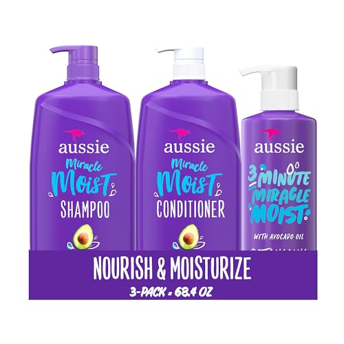 Aussie Miracle Moist Shampoo and Conditioner with 3 Minute Miracle Deep Conditioner, Avocado & Jojoba Oil, Paraben-Free, Moisturizes & Detangles, All Hair Types, Citrus Floral Scent, 3 Pack 68.4 Fl Oz