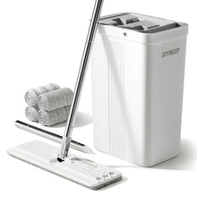 Load image into Gallery viewer, JOYMOOP Mop and Bucket with Wringer Set, White Flat Squeeze Mop Bucket Set for Floor Cleaning, Wet Dry Mop for Wall Cleaner with Long Handle, Hardwood Floor Mop with 4 Microfiber Cloths
