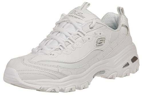 Skechers Sport womens D'LITES FRESH START Memory Foam Lace-up Sneaker,White Silver,6.5 M US
