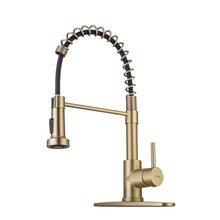 Load image into Gallery viewer, WEWE Brushed Gold Kitchen Faucet with Pull Down Sprayer, RV Brass Kitchen Faucet Stainless Steel Single Handle Spring Faucet with Deck Plate for Farmhouse Utility bar Laundry Sinks
