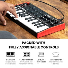Load image into Gallery viewer, AKAI Professional MPK Mini MK3 - 25 Key USB MIDI Keyboard Controller With 8 Backlit Drum Pads, 8 Knobs and Music Production Software Included
