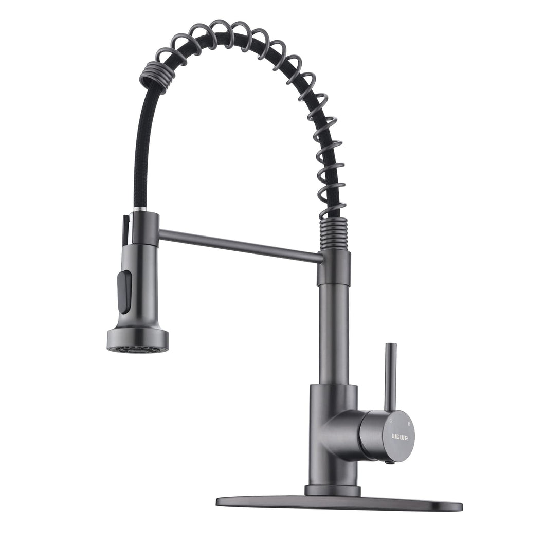 WEWE Black Stainless Kitchen Faucet, Faucet for Kitchen Sink with Pull Down Sprayer Gray Matte Gun Black Kitchen Faucet with Deck Plate Stainless Steel Farmhouse Commercial Single Handle Sink Faucet