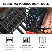 Load image into Gallery viewer, AKAI Professional MPK Mini MK3 - 25 Key USB MIDI Keyboard Controller With 8 Backlit Drum Pads, 8 Knobs and Music Production Software Included
