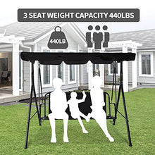 Load image into Gallery viewer, 3-Seat Patio Swing Chair,Outdoor Porch Swing with Adjustable Canopy and Durable Steel Frame for Patio, Garden, Poolside (Black)
