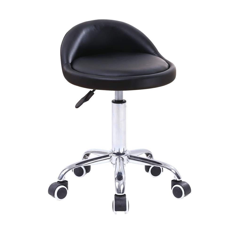 KKTONER PU Leather Round Rolling Stool with Back Rest Height Adjustable Swivel Drafting Work SPA Task Chair with Wheels Black