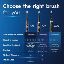 Load image into Gallery viewer, Oral-B iO Series 5 Rechargeable Electric Toothbrush with Visible Pressure Sensor to Protect Gums, 2 Minute Timer, 5 Cleaning Settings, 1 Replacement Toothbrush Heads, and Travel Case, Black
