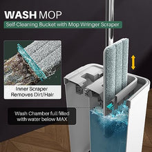 Load image into Gallery viewer, JOYMOOP Mop and Bucket with Wringer Set, White Flat Squeeze Mop Bucket Set for Floor Cleaning, Wet Dry Mop for Wall Cleaner with Long Handle, Hardwood Floor Mop with 4 Microfiber Cloths
