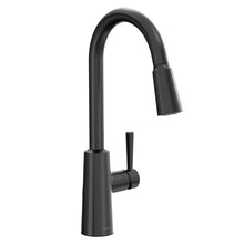 Load image into Gallery viewer, Moen Riley Matte Black One-Handle Pulldown Kitchen Faucet Featuring Power Boost for a Faster Clean and Reflex Docking System for The Spray Head, Modern Kitchen Sink Faucet, 7402BL
