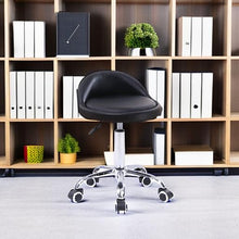 Load image into Gallery viewer, KKTONER PU Leather Round Rolling Stool with Back Rest Height Adjustable Swivel Drafting Work SPA Task Chair with Wheels Black
