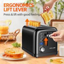 Load image into Gallery viewer, RAMJOY Black Toaster 2 Slice, Extra Wide Slot Toaster for Bagels, Bread, Waffles, 7 Shade Settings, 4 Main Functions, Removable Crumb Tray, 900 Watts Toasters, Black Stainless Steel
