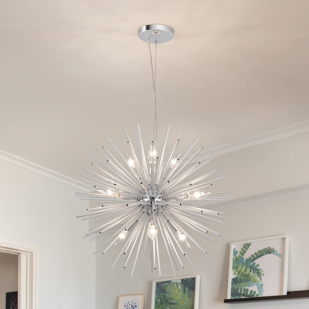 Modern Chrome Sputnik Chandeliers, 9-Light Satellite Pendant Light fixtures, Starburst Firework Ceiling Lights for Bedroom Living Room Dining Room Kitchen Island Hallway, E12 Socket(Dia:19.7'')