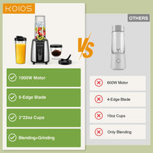 Load image into Gallery viewer, KOIOS Smoothie Blender, Max 1000w Personal Blender for Shakes and Smoothies, 12Pcs Coffee Grinder and Countertop Blenders Combo for Kitchen, Portable Smoothie Blenders with 2x22 oz To-Go Cups, Non-BPA
