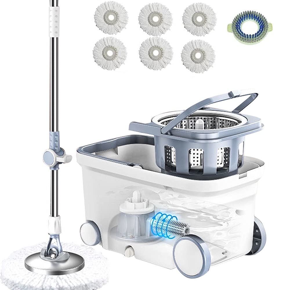 Michao Spin Mop Bucket Deluxe 360 Spinning Floor Cleaning System with 6 Microfiber Replacement Head Refills,62