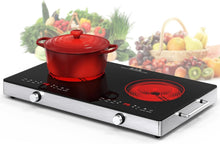 Load image into Gallery viewer, VBGK Electric Cooktop,110V 2400W Electric Stove Top with Knob Control,9 Power Levels, Kids Lock &amp; Timer,LED touch control,Overheat Protection Electric stove,24 Inch desktop 2 burner
