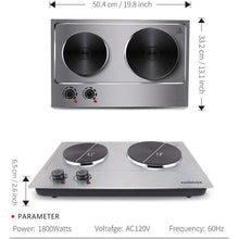 Load image into Gallery viewer, CUSIMAX 1800W Double Hot Plate, Stainless Steel Silver Countertop Burner Portable Electric Double Burners Electric Cast Iron Hot Plates Cooktop, Easy to Clean, Upgraded Version C180N
