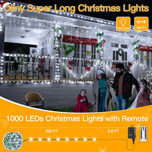 Load image into Gallery viewer, Ollny Christmas Lights 1000 LED 330 FT, IP67 Waterproof Plug in Christmas Tree Lights with Remote, 8 Modes, 3 Timers, Dimmable, House Xmas Indoor Decorations Outdoor Christmas Lights (Cool White)
