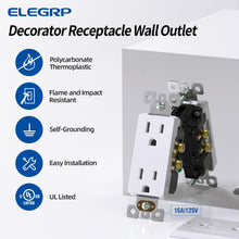 Load image into Gallery viewer, ELEGRP Decorator Receptacle, 15A 125V Standard Electrical Wall Outlet, 2 Pole 3 Wire, No-Tamper Resistant, NEMA 5-15R, Self-Grounding Residential Grade Outlet, UL (Glossy White, 20 Pack)

