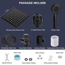Load image into Gallery viewer, NearMoon Filtered Rain Shower Head, High Pressure 8″Square, and 5 settings Handheld Shower Filter Combo with Self-adhesive Holder/1.5M Hose -1 Replaceable Filter Cartridge (Matte Black)
