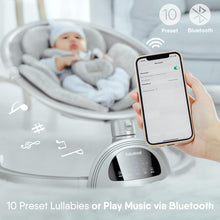 Load image into Gallery viewer, BabyBond Baby Swings for Infants, Bluetooth Infant Swing with Music Speaker, 3 Seat Positions, 5 Point Harness Belt, 5 Speeds and Remote Control - Portable Baby Swing for Indoor and Outdoor (Silver)
