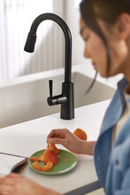 Load image into Gallery viewer, Moen Riley Matte Black One-Handle Pulldown Kitchen Faucet Featuring Power Boost for a Faster Clean and Reflex Docking System for The Spray Head, Modern Kitchen Sink Faucet, 7402BL
