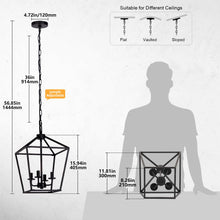 Load image into Gallery viewer, 4 Light Chandelier, Industrial Ceiling Light Black Lantern Light Fixtures with Farmhouse Metal Cage Adjustable Height Rustic Geometric Hanging Light E12 Base for Kitchen Island, Entryway, Indoor
