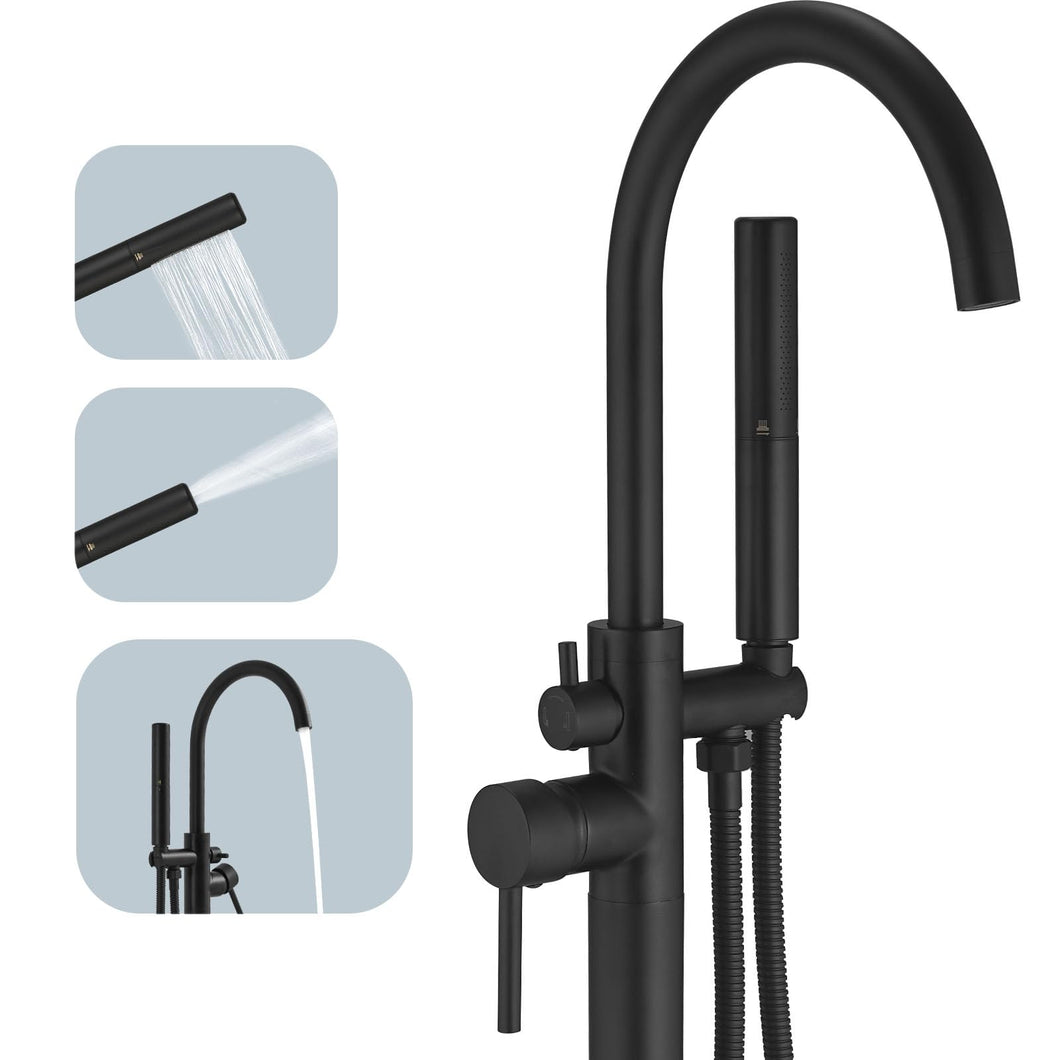 BESy Freestanding Bathtub Faucet Tub Filler Free Standing Floor Mount Stand Brass Bathroom Tub Faucets with 2 Function Hand Shower Wand Swivel, Matte Black Finish