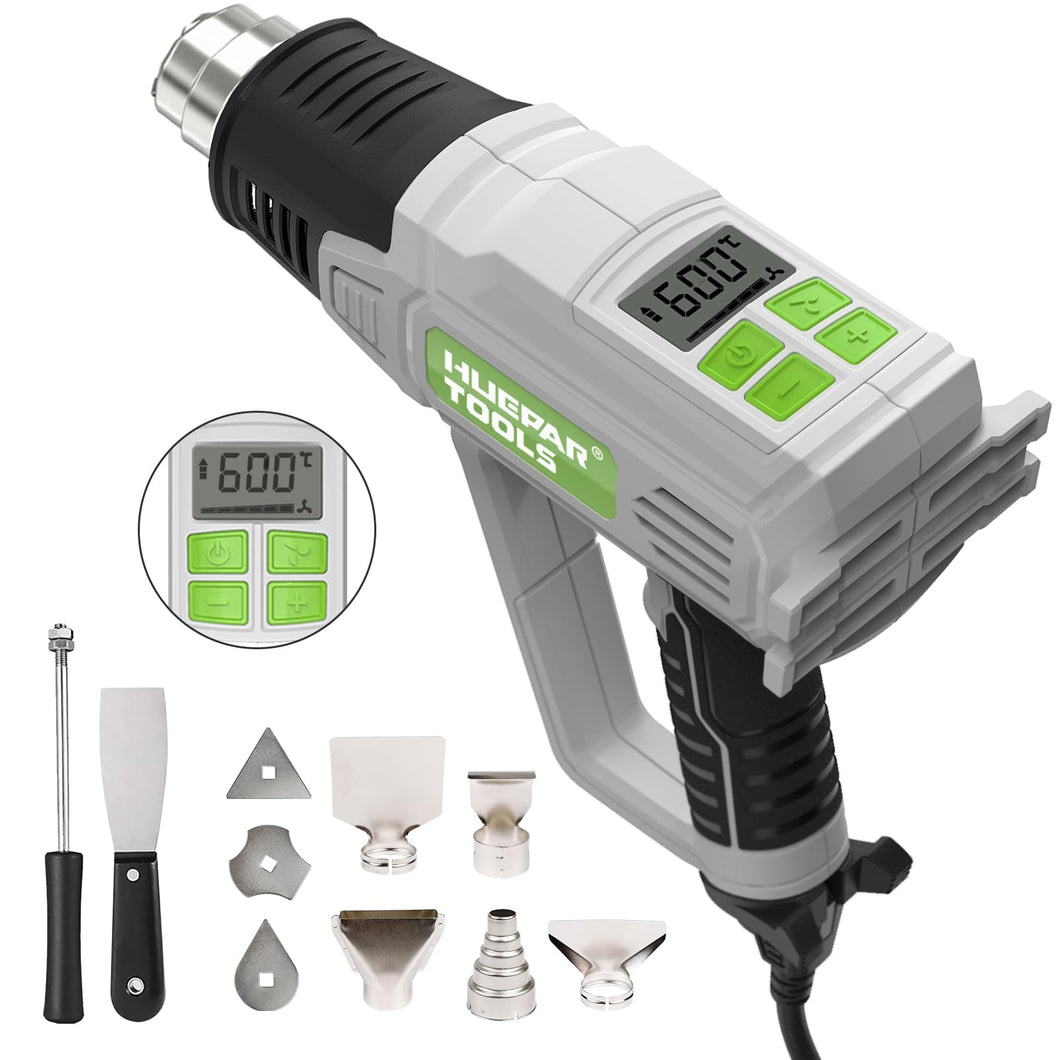 Huepar Tools Heat Gun 10 Accessories Hot Air Gun with LCD Digital Display, 122℉-1112℉(50℃-600℃) Temperature & Air Flow Adjustable, 12.5A, Overload Protection for Crafts, Shrinking PVC, Stripping Paint