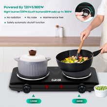 Load image into Gallery viewer, CUKOR Double Cast Iron 2 Burner, 1800W Countertop Burner, Dual Electric Stove Burners, Portable Double Burner for Cooking
