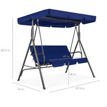 Load image into Gallery viewer, Best Choice Products 2-Person Outdoor Patio Swing Chair, Hanging Glider Porch Bench for Garden, Poolside, Backyard w/Convertible Canopy, Adjustable Shade, Removable Cushions - Blue
