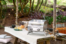 Load image into Gallery viewer, Megamaster Premium Outdoor Cooking 2-Burner Grill, While Camping, Outdoor Kitchen, Patio Garden, Barbecue with Two Foldable legs, Silver in Stainless Steel
