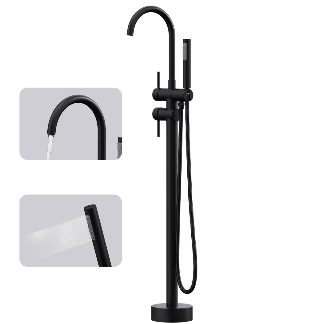 GIMILI Floor Mount Bathtub Faucet Freestanding Tub Filler Standing High Flow Shower Faucets Shower Mixer Taps, Swivel Gooseneck Spout with Cylinder Handheld Matte Black