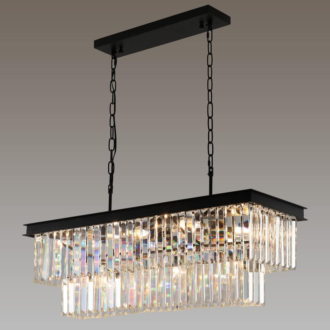 Weesalife Crystal Chandeliers for Dining Room 11-Light Black Modern Chandelier Rectangle Contemporary Pendant Light Fixture for Kitchen Island Bar L33.5 Inch