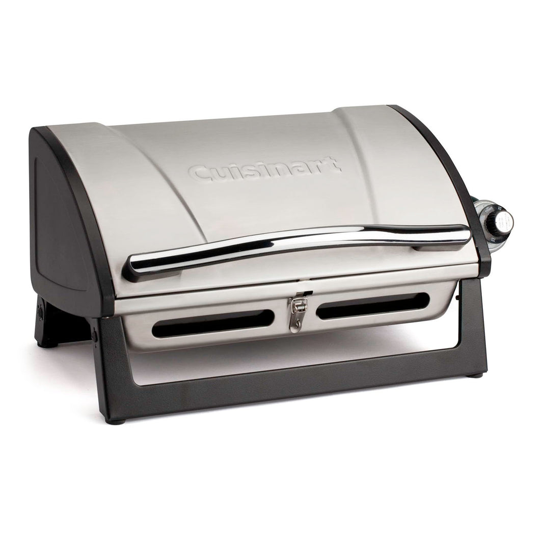Cuisinart Grillster Portable Gas Grill, Stainless Steel Compact BBQ Grill with Locking Lid for Easy Transport, 8000 BTU Propane Grill with Dishwasher Safe Cooking Grate, Small Grill for Camping & BBQs