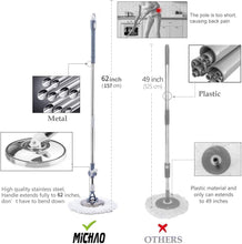 Load image into Gallery viewer, Michao Spin Mop Bucket Deluxe 360 Spinning Floor Cleaning System with 6 Microfiber Replacement Head Refills,62&quot; Extended Handle,4X Wheel for Home Cleaning
