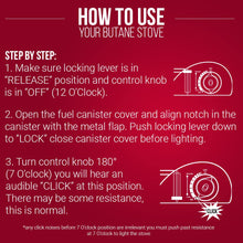 Load image into Gallery viewer, Chef Master 15,000 BTU Output Portable Butane Camping Stove, Peizo Click Ignition, Double Wind-Guard Portable Stove Burner for Emergencies, Tailgating, Hiking, Backpacking &amp; Camping Essentials - 90019
