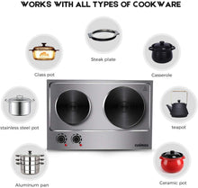 Load image into Gallery viewer, CUSIMAX 1800W Double Hot Plate, Stainless Steel Silver Countertop Burner Portable Electric Double Burners Electric Cast Iron Hot Plates Cooktop, Easy to Clean, Upgraded Version C180N
