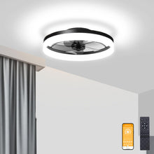 Load image into Gallery viewer, VOLISUN Low Profile Ceiling Fans with Lights and Remote, Fandelier Ceiling Fan Flush Mount, 3000K-6500K Smart Bladeless LED Fan Light, Black Modern Ceiling Fans with Lights for Bedroom
