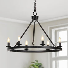 Load image into Gallery viewer, Black Farmhouse Chandelier, 6-Light Wagon Wheel Chandelier with Adjustable Height, Dining Room Light Fixture, Hanging Lights for Kitchen Island, Living Room, Bedroom, Entryway, E12 Base
